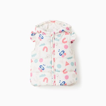 Gilet matelassé à capuche et volants pour bébé fille, motif « Formes », beige