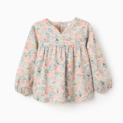 Tunique en sergé beige à motif floral coloré pour filles