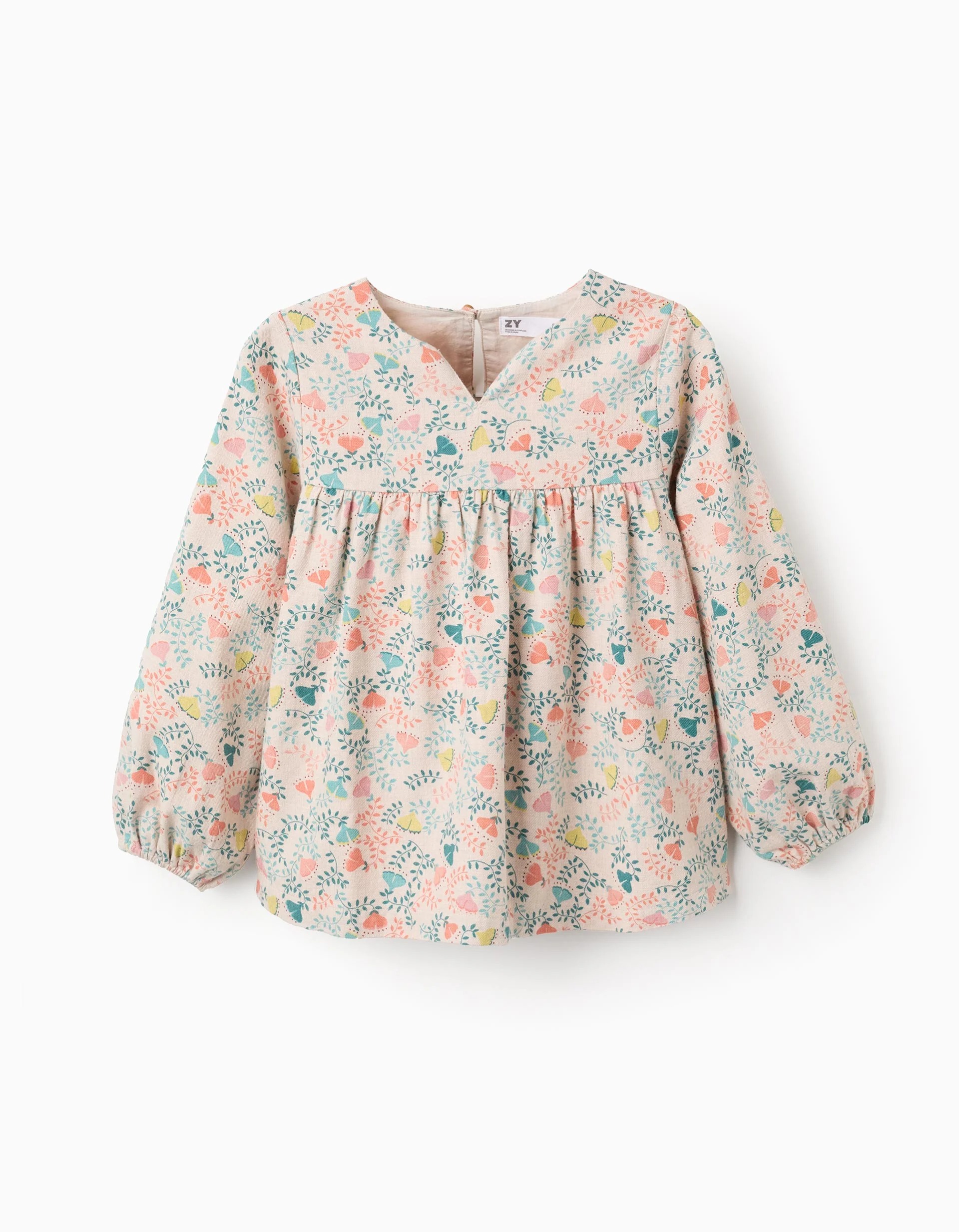 171220256942da0d8c00a.jpeg Tunique en sergé beige à motif floral coloré pour filles – Image 1