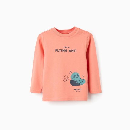 T-shirt à manches longues en coton pour bébé garçon, motif « Fourmi », corail