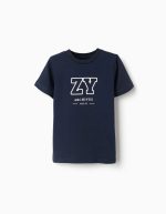 T-shirt en coton avec imprimé ZY sur le devant pour garçon, bleu foncé