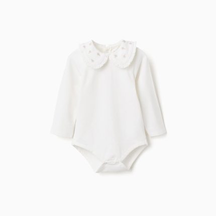 Body à manches longues et col à volants pour bébé fille, blanc