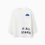 T-shirt à manches longues en coton pour garçon, motif à pois, blanc