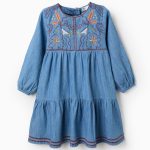 Robe en denim de coton brodé pour filles, bleue