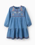 Robe en denim de coton brodé pour filles, bleue