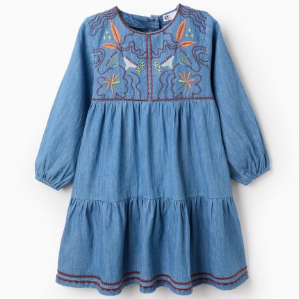 Robe en denim de coton brodé pour filles, bleue
