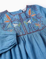 Robe en denim de coton brodé pour filles, bleue – Image 3