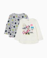 2 Long Sleeve Cotton T-shirts for Baby Girls 'Minnie', White/Grey