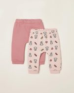 2 Cotton Trousers with Fleece Interior for Newborn Baby Girls, Pink