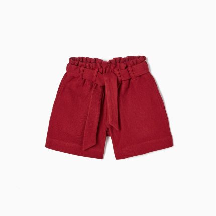 Cotton Paperbag Shorts with Bow for Girls, Dark Red