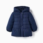 PADDED PEPLUM HOODED COAT FOR BABY GIRLS, DARK BLUE