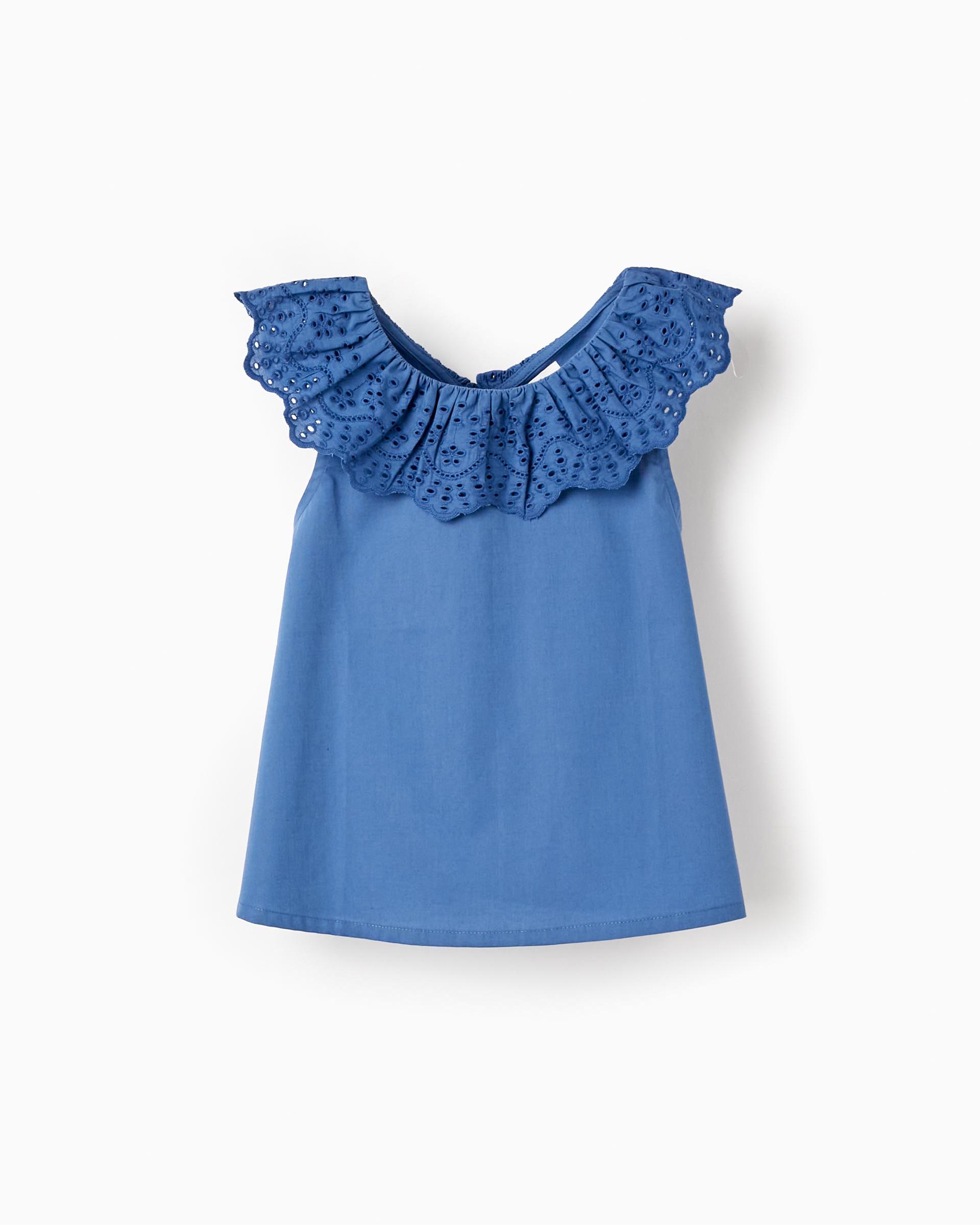 31059119003-v1-1.jpg Top en coton avec broderie anglaise fille, bleu – Image 1