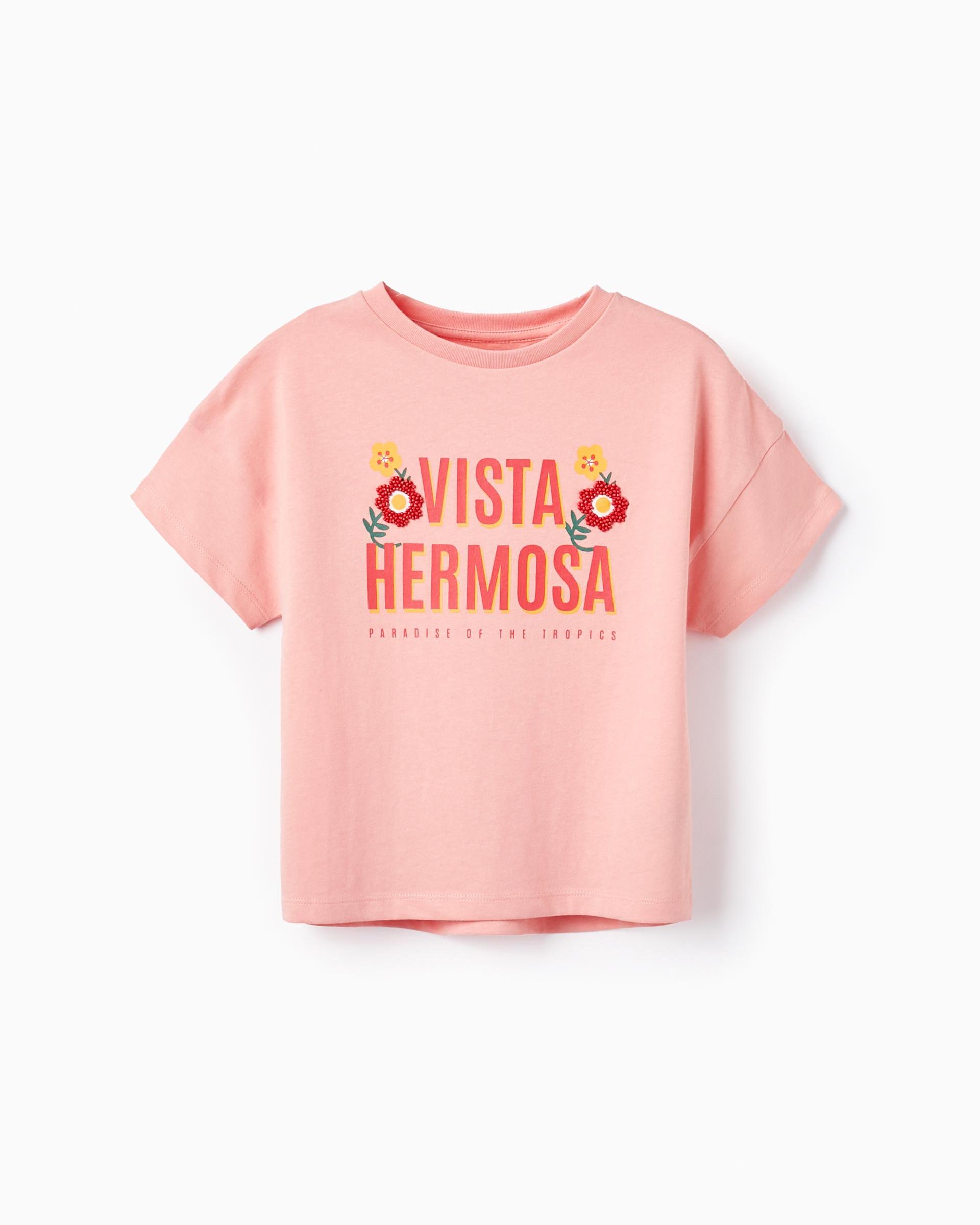 31059280038-v1-1.jpg T-shirt Fille en Coton avec Perles 'Vista Hermosa', Rose – Image 1