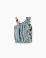 Top fille en coton et lin avec broderies et perles, vert