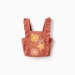 Top en coton et lin avec broderie et perles fille, marron