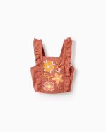 Top en coton et lin avec broderie et perles fille, marron