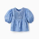Blouse en coton avec broderie anglaise fille, bleu