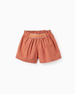 Short fille en coton et lin avec broderies et perles, marron