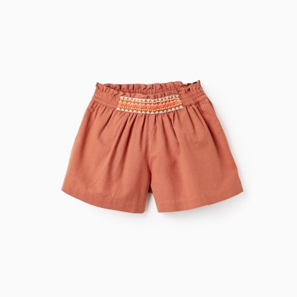 Short fille en coton et lin avec broderies et perles, marron