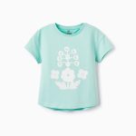 T-shirt Fille en Coton 'Flowers', Vert Aqua