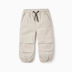 Sporty Twill Trousers for Baby Girls, Beige