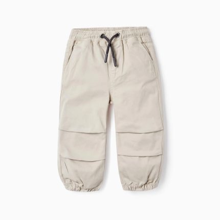 Sporty Twill Trousers for Baby Girls, Beige