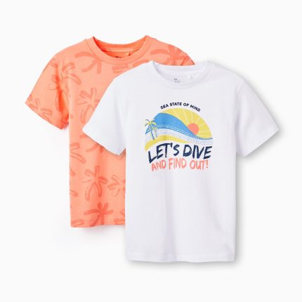 2 T-shirts en coton garçon 'Sunset', Blanc/Corail
