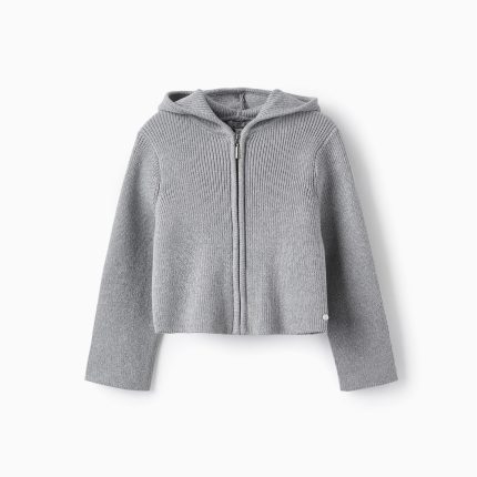 Cardigan tricoté avec fil de lurex et capuche pour filles, gris / argent
