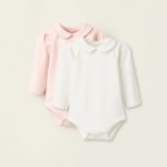 Pack of 2 Bodysuits in Cotton for Newborn Girls, White/Pink