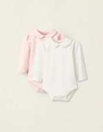 Pack of 2 Bodysuits in Cotton for Newborn Girls, White/Pink