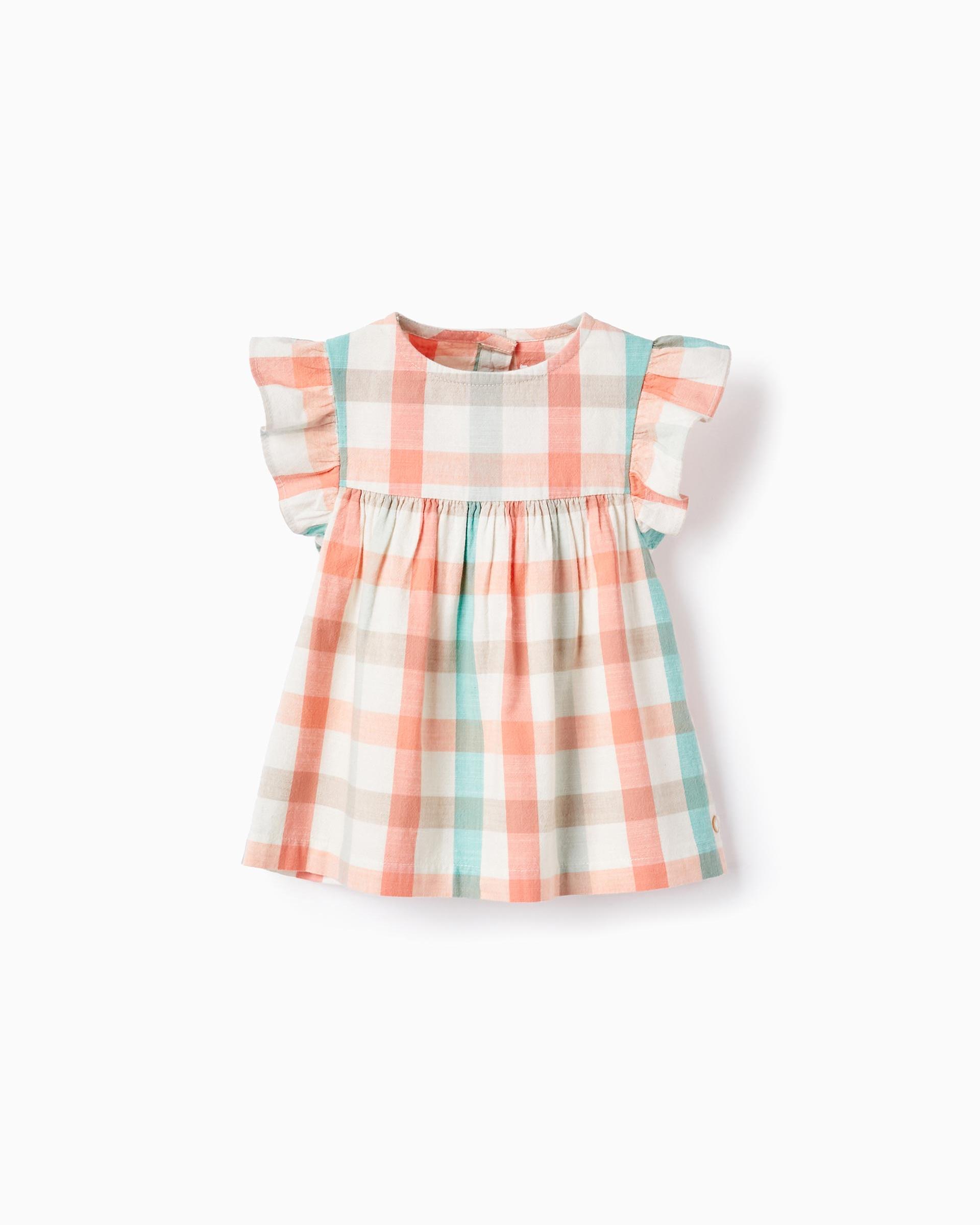31064007041-v1-1.jpg Blouse en coton à carreaux bébé fille, corail/vert d'eau – Image 1
