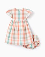 Robe + Bloomer à Carreaux Bébé Fille Corail/Vert d'Eau