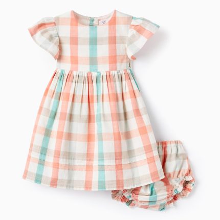 Robe + Bloomer à Carreaux Bébé Fille Corail/Vert d'Eau