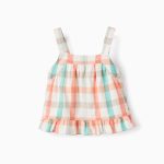 Top court carré en coton pour fille, vert aqua/corail