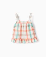 Top court carré en coton pour fille, vert aqua/corail
