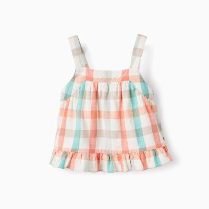 Top court carré en coton pour fille, vert aqua/corail