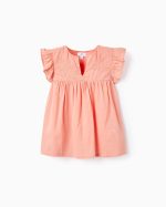 Tunique en coton avec broderie et volants fille, corail