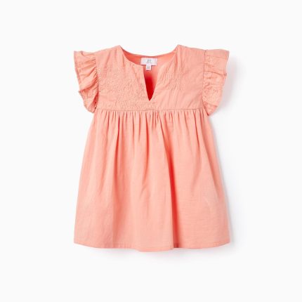 Tunique en coton avec broderie et volants fille, corail
