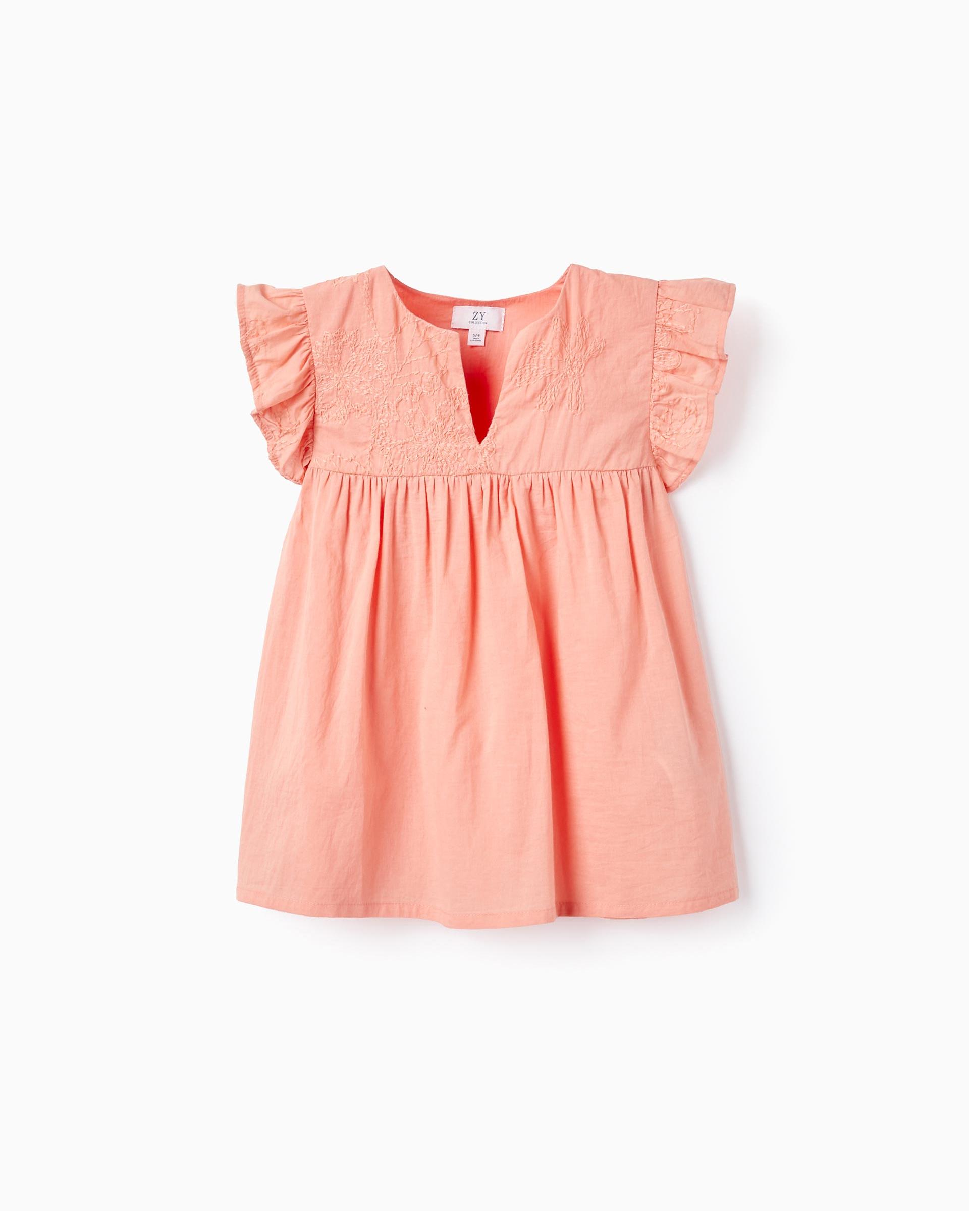 31064030038-v1-1.jpg Tunique en coton avec broderie et volants fille, corail – Image 1