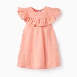 Robe en coton avec broderies et volants bébé fille, corail