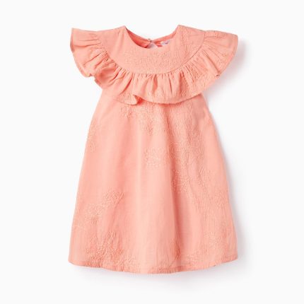 Robe en coton avec broderies et volants bébé fille, corail