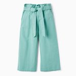 Pantalon Fille en Coton et Lin 'Wide Leg', Vert