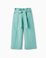 Pantalon Fille en Coton et Lin 'Wide Leg', Vert