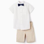 Chemise + Noeud Papillon + Short Garçon, Blanc/Beige