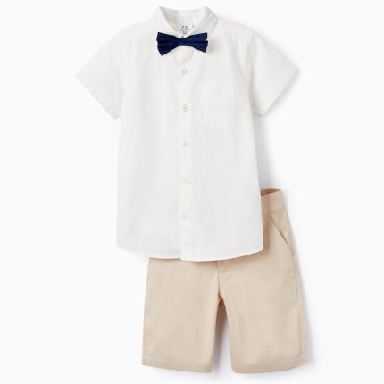 Chemise + Noeud Papillon + Short Garçon, Blanc/Beige