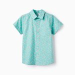 Chemise en coton fleuri pour garçon, vert aqua