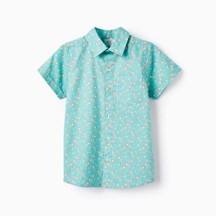 Chemise en coton fleuri pour garçon, vert aqua