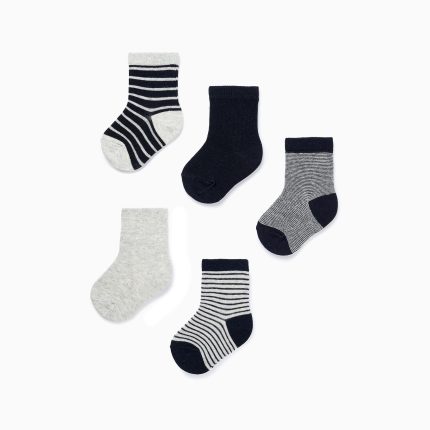 Lot de 5 paires de chaussettes unies/rayées bébé garçon gris/bleu