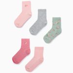 Lot de 5 paires de chaussettes unies/fleuries fille rose/vert/gris
