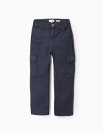 Pantalon Cargo Twill Garçon 'Straight', Bleu Foncé